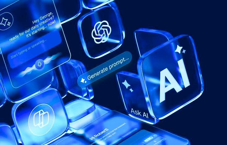 ガラス調のAIアシスタントのアイコンとプロンプト画面
